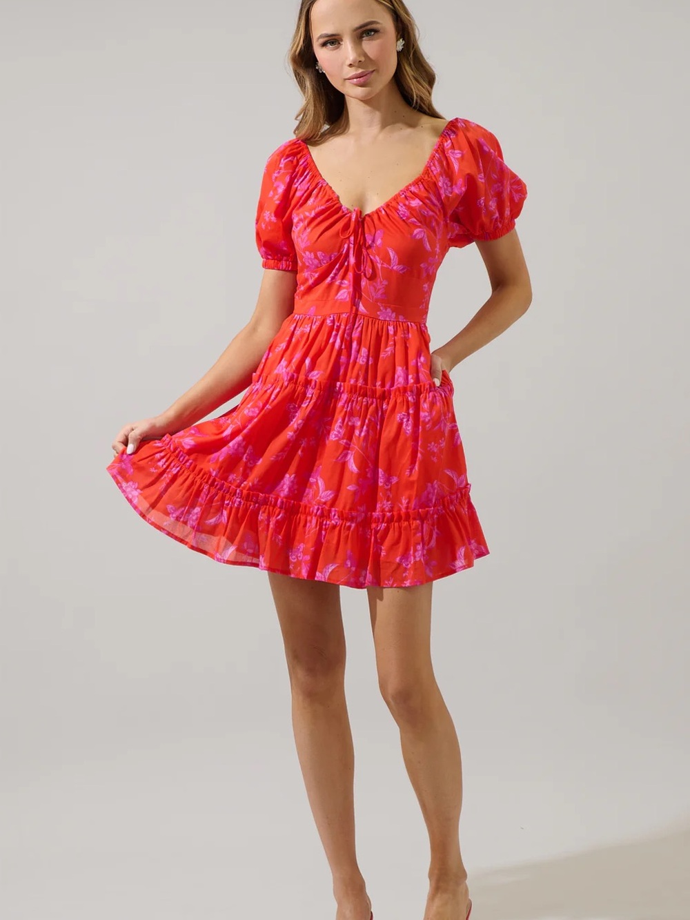 Sugarlips Fia Floral Puff Sleeve Tiered Mini Dress